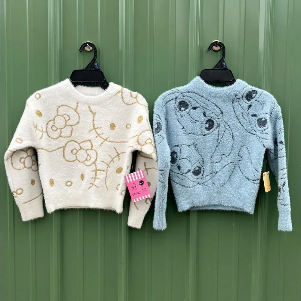 Hello Kitty & Stitch Graphic Eyelash Glitter Sweaters 2-Pack Size XS